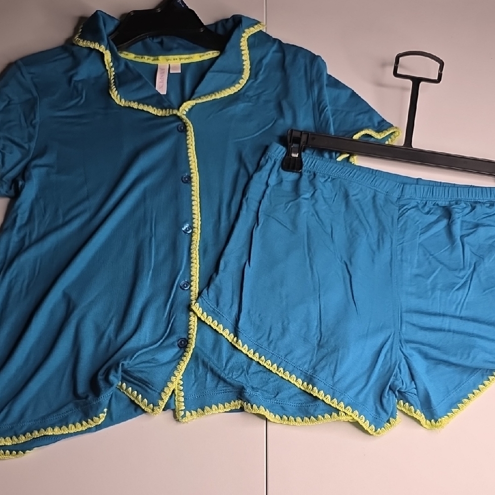 Teal Women's Pajama Set with Yellow Accents